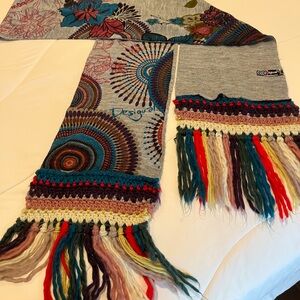Desigual Colorful Fringed Scarf with Floral Patterns